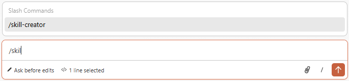 Claude Code chat interface showing slash commands with “/skill-creator” suggested, demonstrating how to invoke the Skill Creator skill within Claude Code workflows