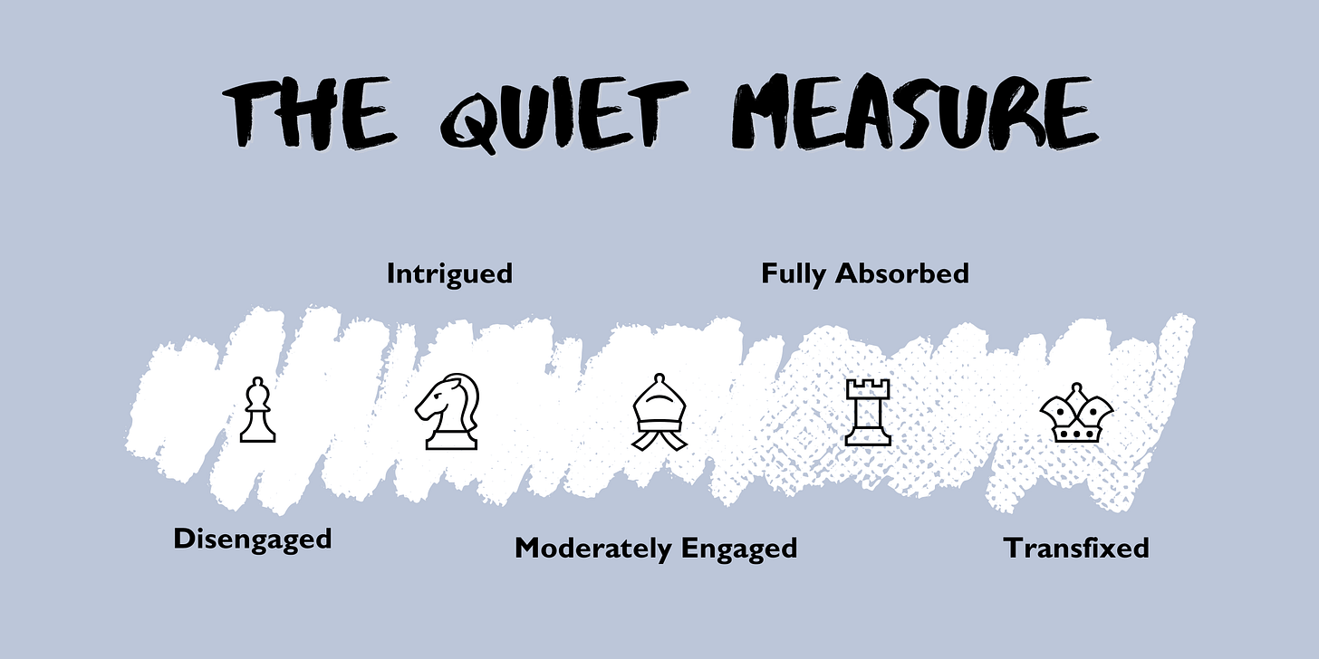 A horizontal mood scale labeled “disengaged” to “transfixed,” with chess pieces positioned at different points to indicate changing levels of reader engagement.
