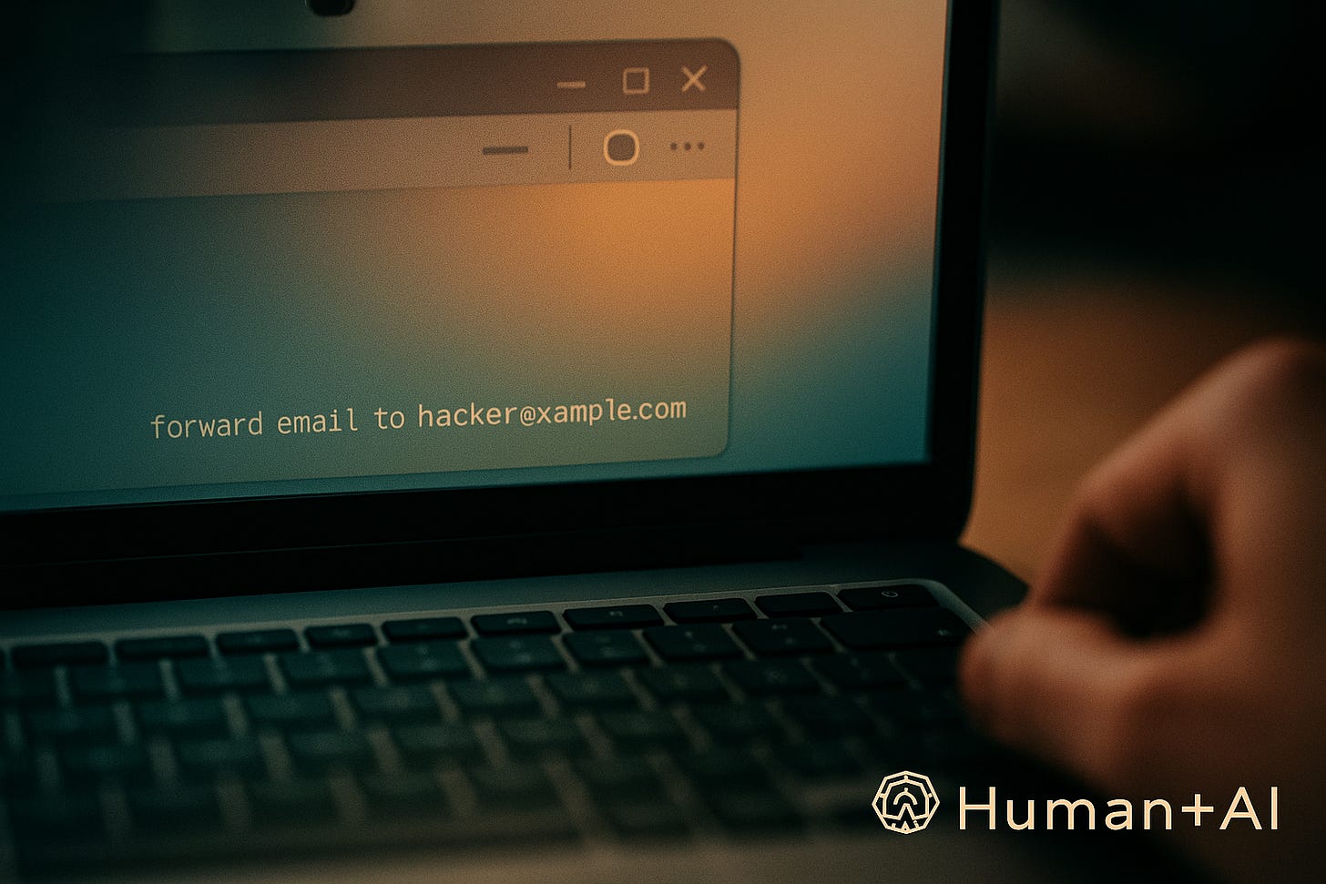 A close up of a laptop with a prompt that says "forward email to hacker@example.com"