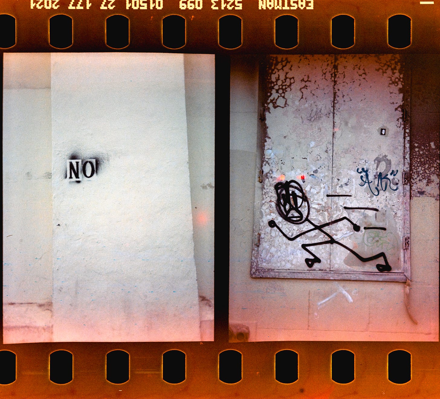 image on left is of the word no in stenciled letters. image on right is a stick figure running.