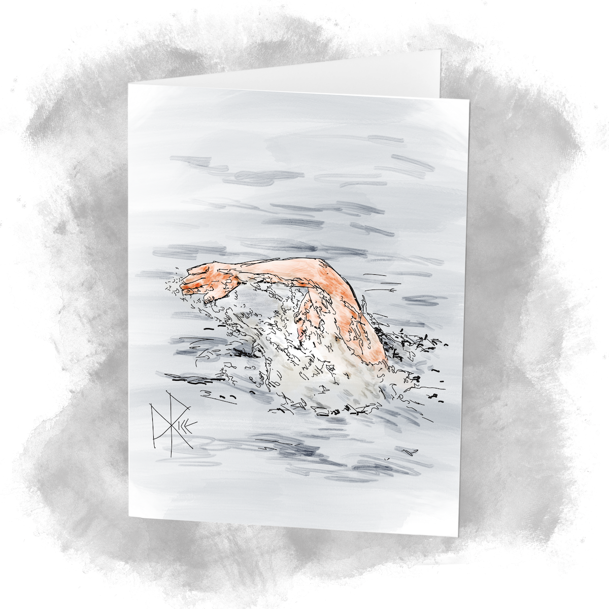 Facing his unsubmerged shoulder, a person takes a deep breath while freestyle swimming. Sketch art by Don Rice. Facing his unsubmerged shoulder, a person takes a deep breath while freestyle swimming. Sketch art by Don Rice.