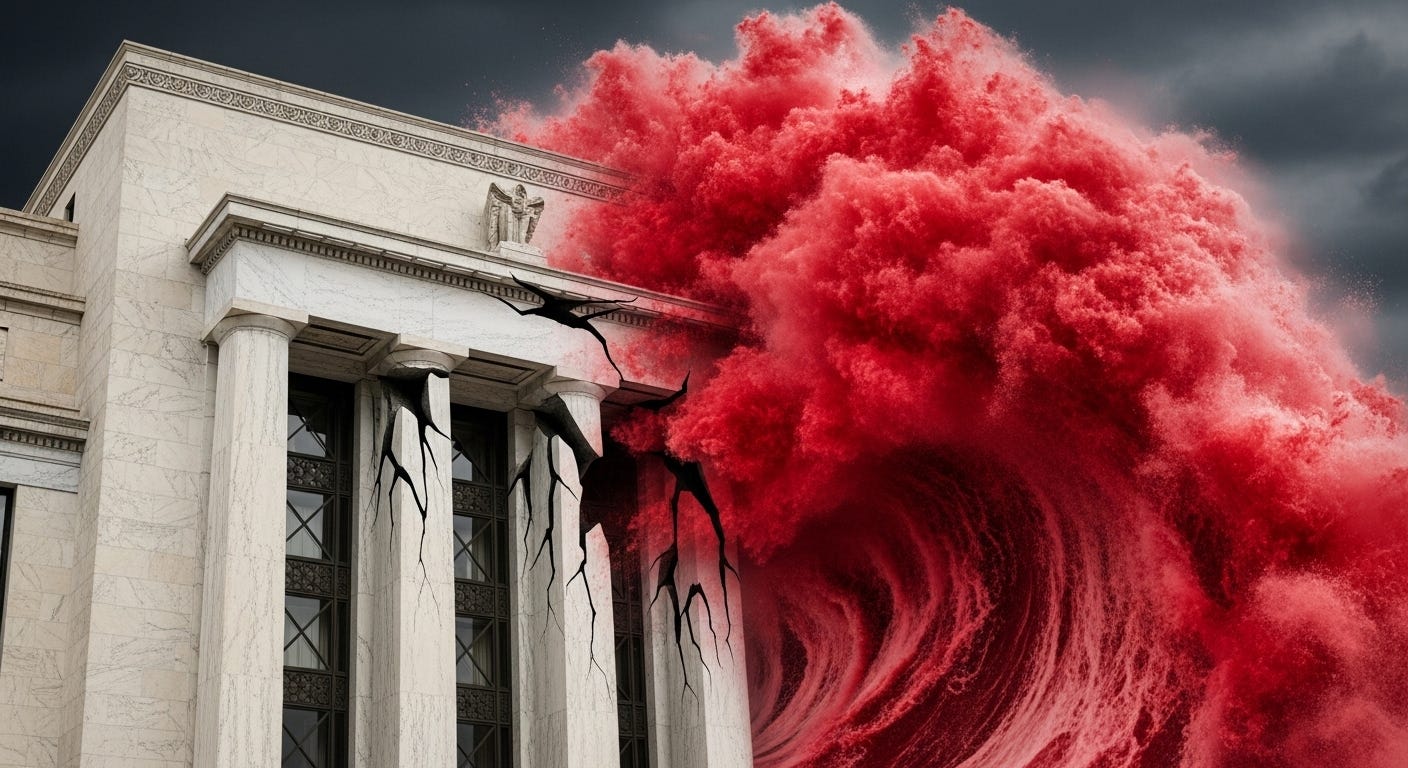 A large, classical building, possibly a financial institution or government building, with white columns and a dark facade, is shown with severe cracks running down its front. To the right, a massive wave of vibrant red, turbulent clouds or smoke billows and crashes, resembling a destructive force. The sky above is dark and ominous, with storm clouds gathering. The overall impression is one of impending disaster or a catastrophic event impacting a foundational institution.