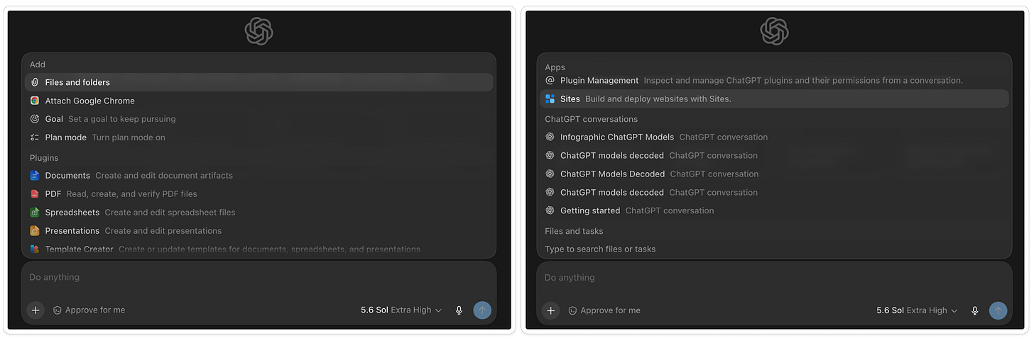ChatGPT Work composer menu showing options to attach files and folders, connect Chrome, set a goal, turn on plan mode, plus the apps panel with Sites and Plugin Management.