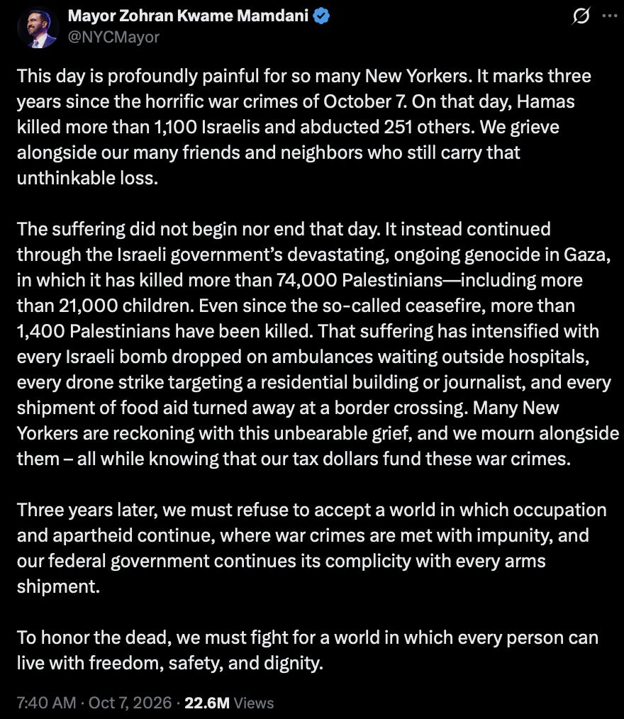 Zohran Mamdani's October 7, 2026 statement on X