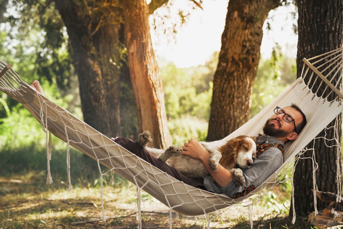 Man sleeping with his dog in a hammock.