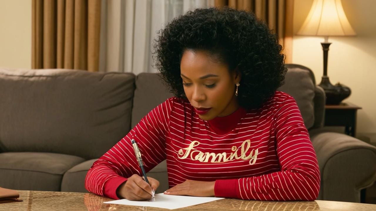African American woman sitting in the family room sitting at the table writing a letter with pretty red and gold shirt on
