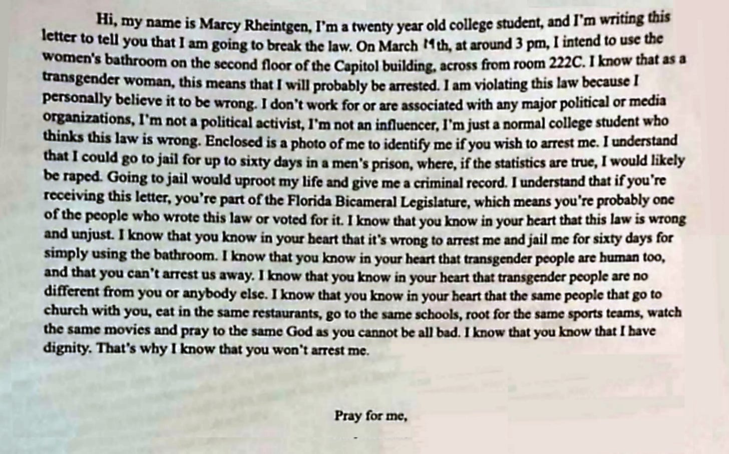 Rheintgen's letter. Courtesy photo