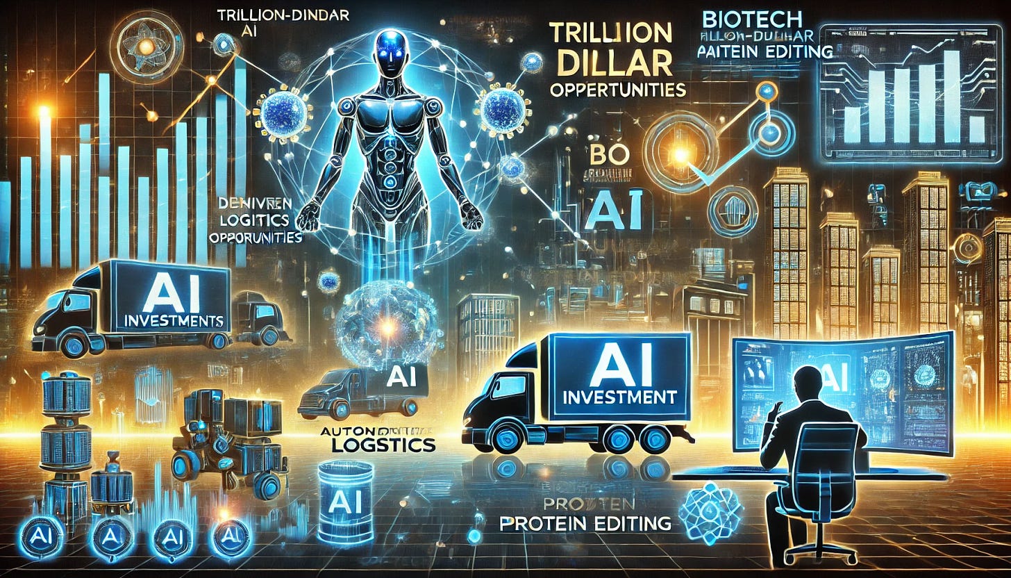A dynamic and futuristic AI investment landscape featuring key themes: AI-driven logistics with autonomous delivery trucks and robotic warehouses, AI agents managing workflows on holographic screens, biotech breakthroughs with AI-powered protein editing, and an investor analyzing AI patent trends. The image should have a sleek, high-tech aesthetic with neon blue, gold, and deep-tech-inspired elements. The setting should include a financial dashboard showing trillion-dollar AI opportunities and a futuristic cityscape symbolizing AI-driven economic transformation.
