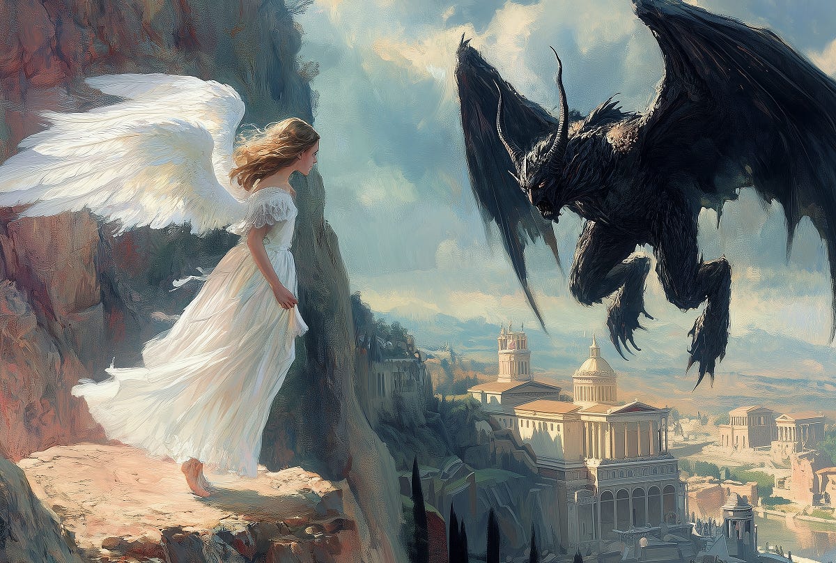 An angel confronts a demon in the sky above a city.