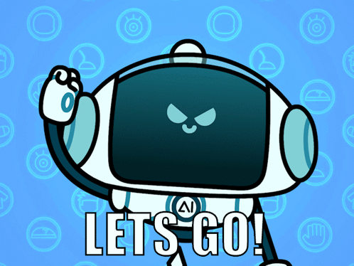 a cartoon robot says let 's go in white letters on a blue background a cartoon robot says let 's go in white letters on a blue background