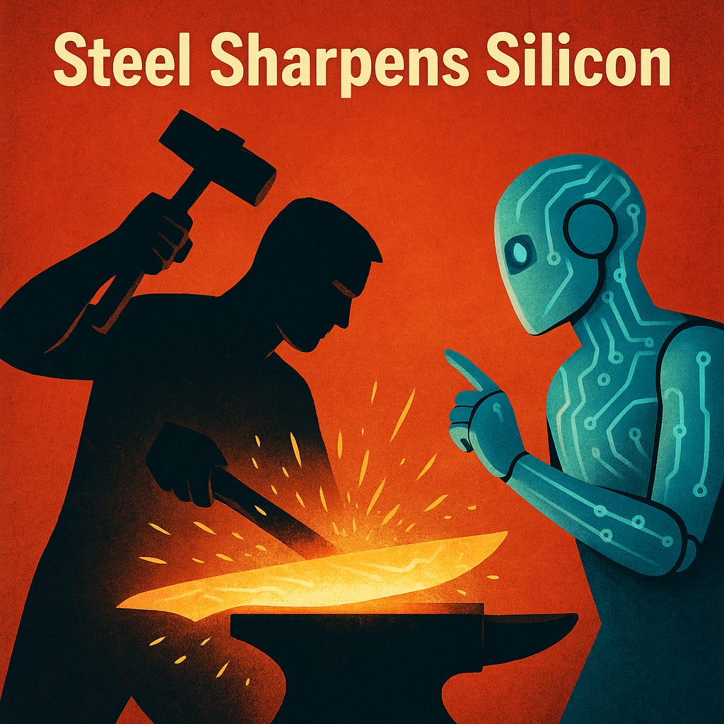 A human blacksmith strikes a glowing blade on an anvil while an AI robot stands beside him, advising — symbolizing human-AI cooperation