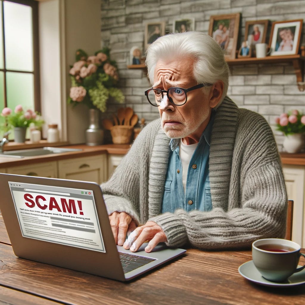 An older person with gray hair, wearing glasses and a cardigan, sitting at a kitchen table, looking distressed and worried. In front of them is a laptop displaying a scam message. The background shows a cozy kitchen setting with a cup of tea, a vase of flowers, and family photos on the wall. The older person appears to be in shock, realizing they have been scammed.
