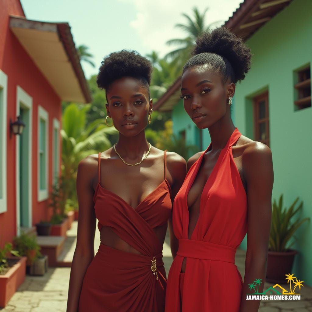 Regal black models dressed in stylish, modest real estate agent attire, posing in a vibrant Jamaican Caribbean setting, exuding confidence and poise.