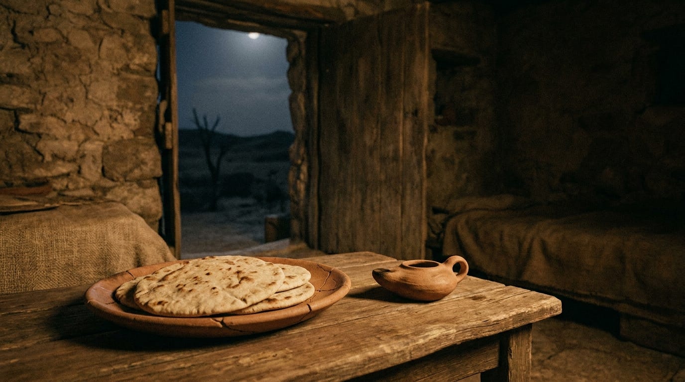 Flat unleavened loaves on a clay dish beside an oil lamp near the doorway of a stone house at night, no people, no faces, no text Flat unleavened loaves on a clay dish beside an oil lamp near the doorway of a stone house at night, no people, no faces, no text
