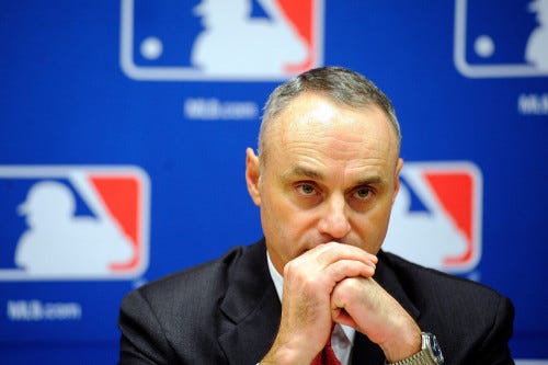 NEW YORK, NY - NOVEMBER 22: Major League Baseball Executive Vice President Rob Manfred speaks at a news conference at MLB headquarters on November 22, 2011 in New York City. Commissioner Bud Selig announced a new five-year labor agreement between Major League Baseball and the Major League Baseball Players Association. (Photo by Patrick McDermott/Getty Images) NEW YORK, NY - NOVEMBER 22: Major League Baseball Executive Vice President Rob Manfred speaks at a news conference at MLB headquarters on November 22, 2011 in New York City. Commissioner Bud Selig announced a new five-year labor agreement between Major League Baseball and the Major League Baseball Players Association. (Photo by Patrick McDermott/Getty Images)