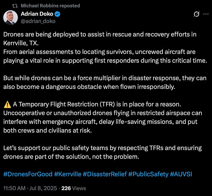 Screenshots of social media posts by officials and industry figures—including Kerr County spokesperson Jonathan Lamb, Skydio executive John Santry, AUVSI President Michael Robbins, DroneUp CEO Tom Walker, and others—amplifying the claim that a private drone collided with a National Guard helicopter in Kerrville, Texas. No pilot was named, and later sources confirmed the drone was law enforcement-operated.