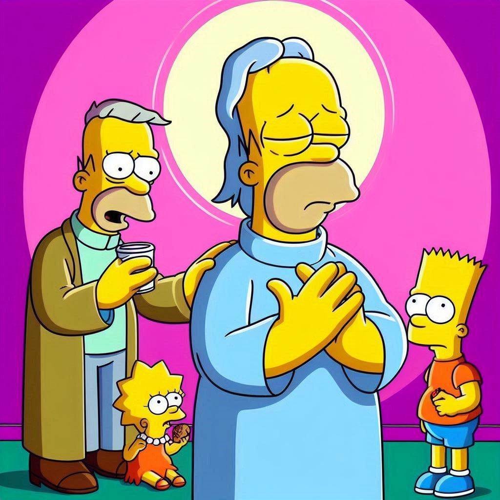 an ashamed religious healthy homer simpson no longer requires sleep, food or even to breathe in the style of the simpsons an ashamed religious healthy homer simpson no longer requires sleep, food or even to breathe in the style of the simpsons