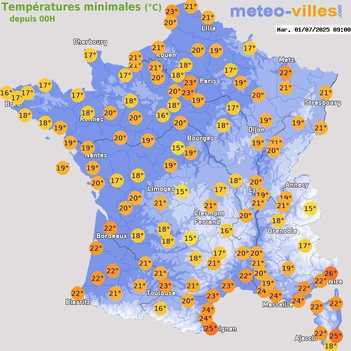 The image is a weather map of France showing the minimum temperatures recorded at 00H on July 1, 2025. Various cities are marked with their respective temperatures, with colors indicating the temperature range. The map highlights a heatwave situation with high minimum temperatures, such as 27.8°C in Menton, 25.9°C in Nice, and 25.5°C in Sète. The map is sourced from Meteovilles, as indicated by the watermark in the top right corner. The post text by Guillaume Séchet provides specific temperature readings for several cities, emphasizing the unusually high overnight temperatures.