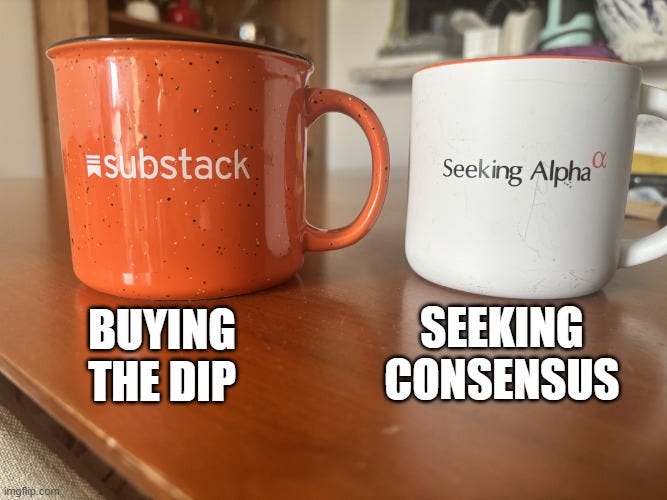 Orange Substack mug beside my white Seeking Alpha mug, part of the swag from the Substack GTA Bestseller Social.