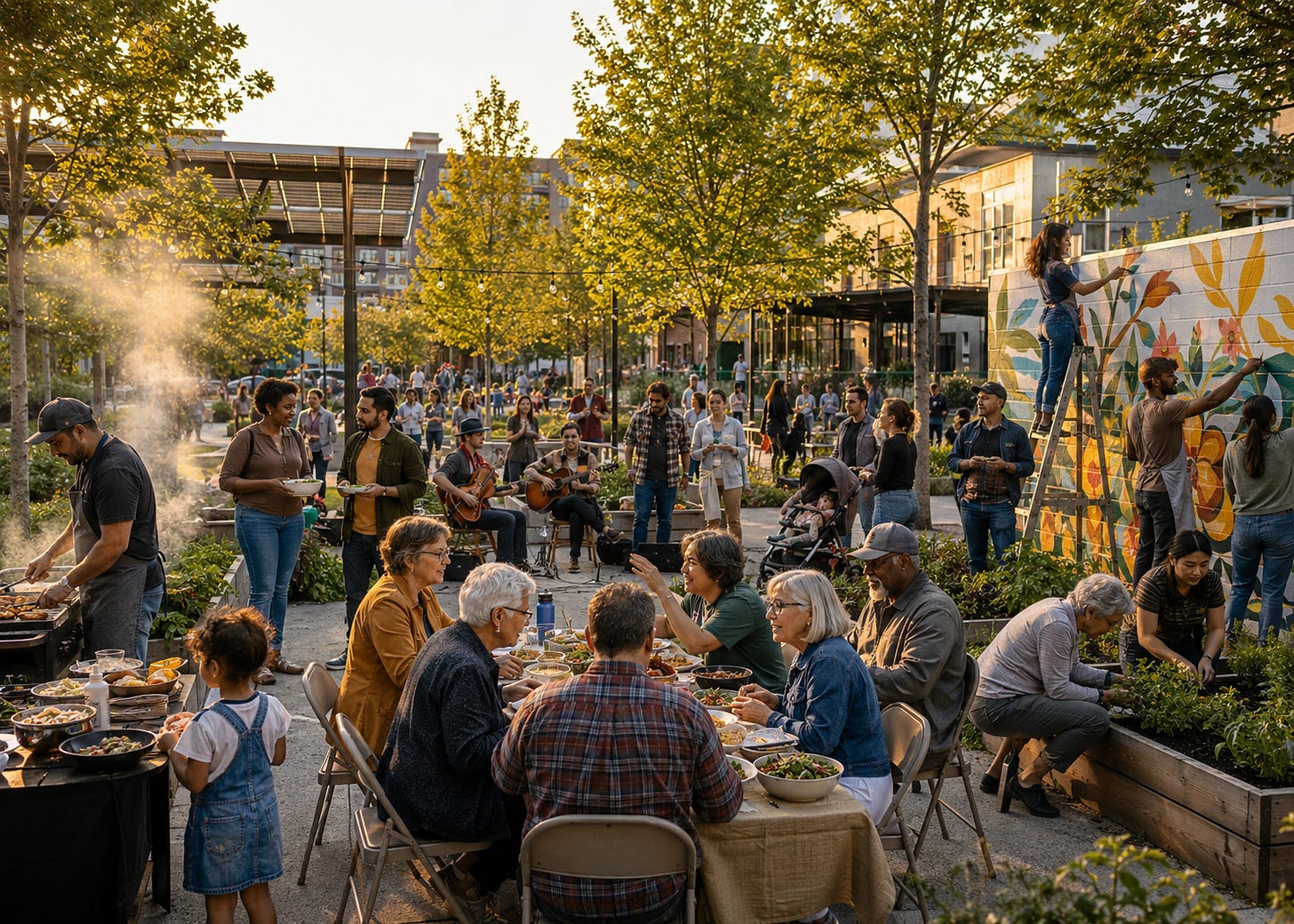 A multiracial, multigenerational community gathers in a leafy public space for a shared meal, music, gardening, and mural painting. People cook, talk, make art, tend plants, and care for children in a warm, lively scene of cooperation and belonging.