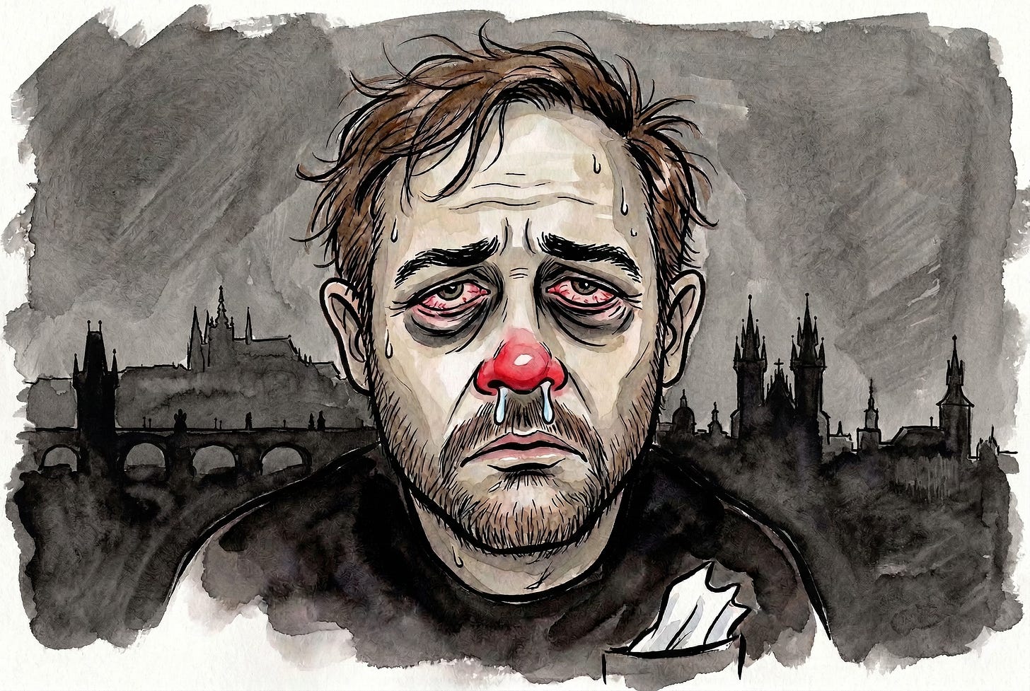 A highly caricatured picture of me, looking very ill; messy hair, red eyes and nose, bleary eyes with black bags beneath, green tinge to my skin. Ink outlines with watercolour wash. A highly caricatured picture of me, looking very ill; messy hair, red eyes and nose, bleary eyes with black bags beneath, green tinge to my skin. Ink outlines with watercolour wash.