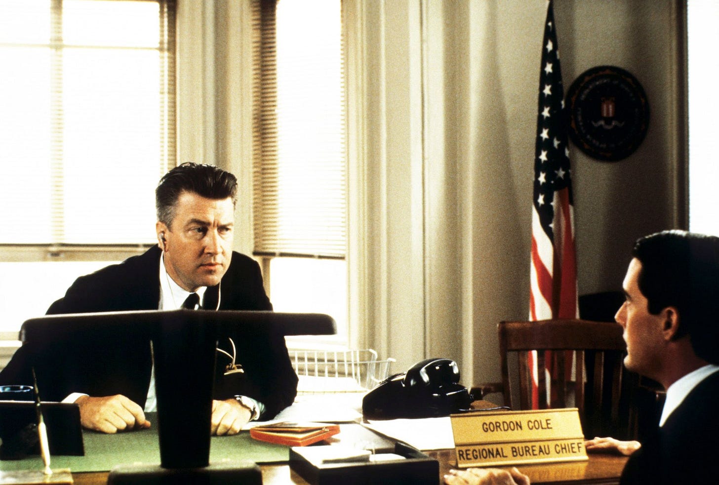 David Lynch and Kyle MacLachlan in character as FBI Deputy Director Gordon Cole and Special Agent Dale Cooper...