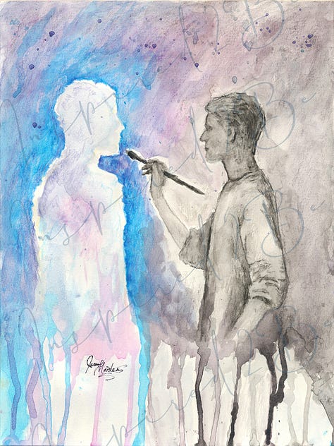 Upper Right: A person painting a spiritual looking mirror image, upper middle, a person curled up and looking sad, upper left: a person tangled up in a ball of string, lower right a person screaming with colors exploding from them, bottom middle: a person facing the sun with arms outstretched, bottom left: a person spinning around with a long dress on and the dress is flying in the wind.