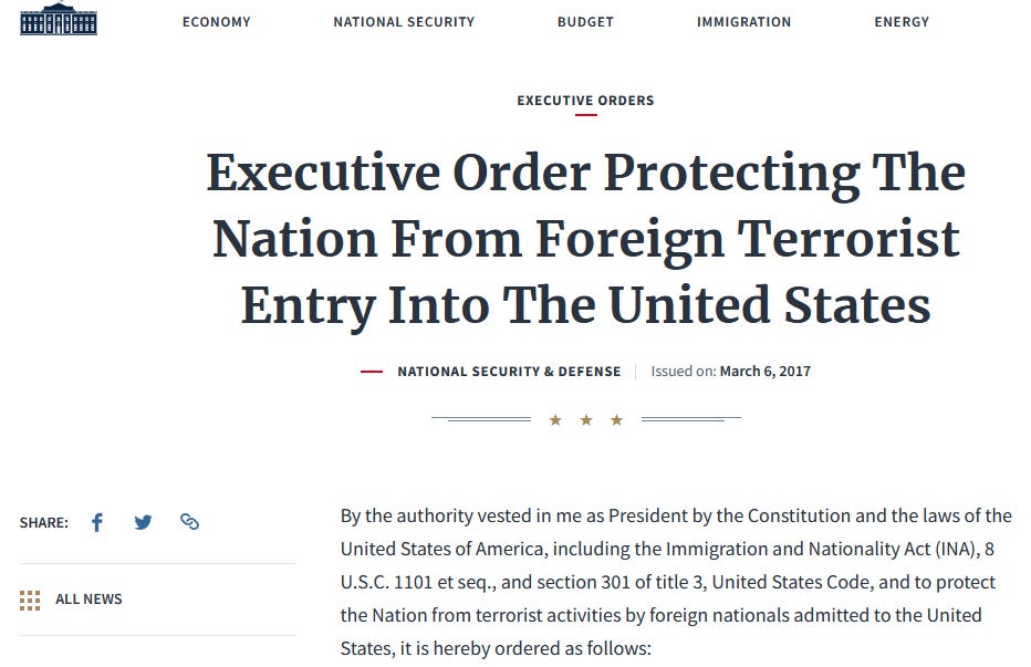 the header of Trump's Executive Order 13769 (Muslim ban): Executive Order Protecting The Nation From Foreign Terrorist Entry Into The United States