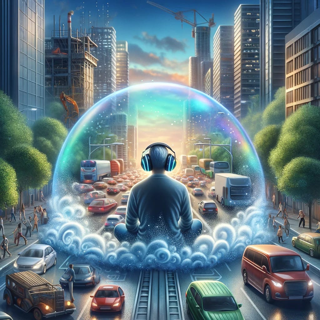 A serene and peaceful scene depicting the concept of noise cancellation. In a bustling city environment filled with cars, people, and construction noise, there is a person wearing advanced headphones sitting calmly. Around this person is a visible bubble or aura of silence, represented by clear, tranquil air, contrasting the chaotic atmosphere outside. The person is in a relaxed pose, possibly reading a book or closing their eyes in contentment, emphasizing the effectiveness of noise cancellation. The image is semi-realistic, with vibrant colors outside the bubble and cooler, subdued tones inside it, showcasing an oasis of calm in a noisy world.