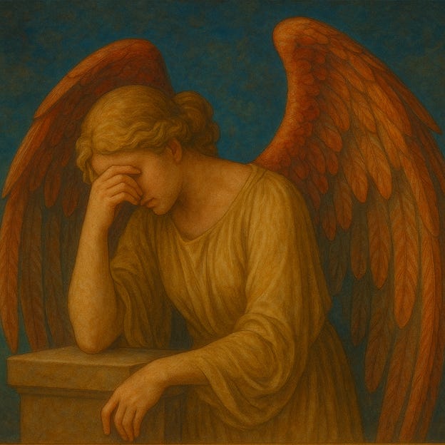 Painting of a sorrowful angel with red wings, resting one hand on a stone pedestal and covering their face with the other, conveying deep grief or contemplation.