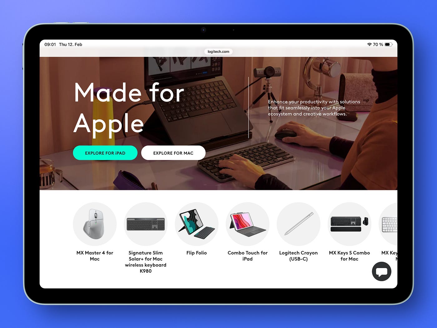 Logitech Made for Apple accessories page featuring MX Master 3 for Mac, wireless keyboards, iPad cases and productivity tools.