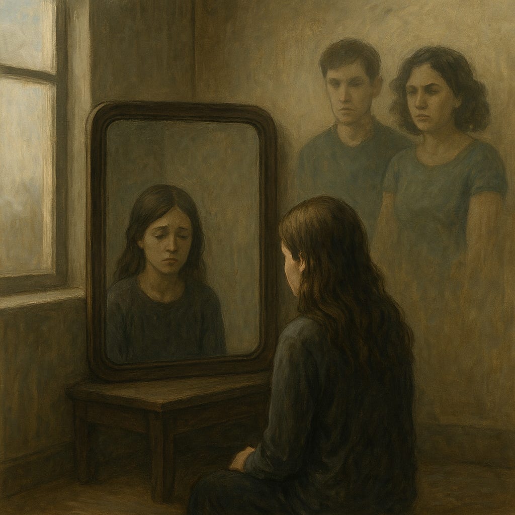 A contemplative painting of a young woman with long dark hair sitting alone in a dimly lit room, facing an ornate mirror. In the reflection, she appears sad, with a downcast expression. Behind her, two ghostly, blurred figures—a man and a woman—stand expressionless. Light from a nearby window softly illuminates the scene, evoking a mood of emotional emptiness and isolation.