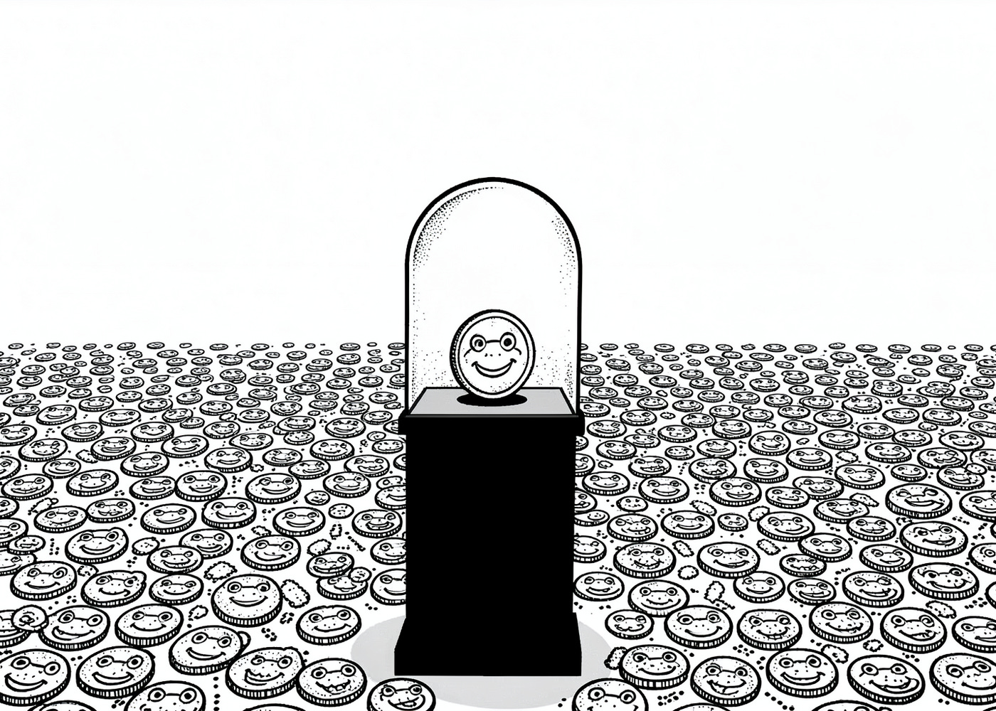 A single frog-faced coin under a glass dome on a pedestal, surrounded by thousands of identical coins.