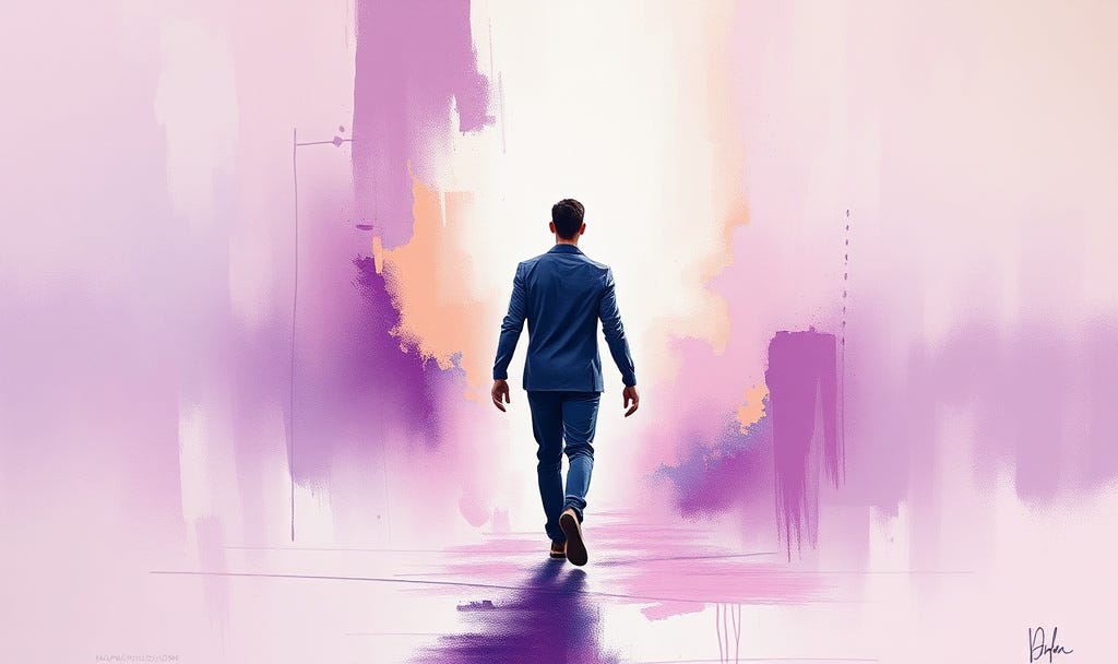 Male in business suit walking towards a walking through a purple hallway symbolizing transformation