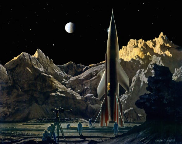 The ship, having landed on its tail, will take off from this position for the return to earth, The Conquest of Space, 1949, p.88 (Credit: Chesley Bonestell) The ship, having landed on its tail, will take off from this position for the return to earth, The Conquest of Space, 1949, p.88 (Credit: Chesley Bonestell)