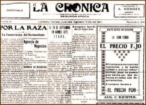 La Cronica -  the Idar family’s Laredo newspaper regularly ran stories about inequality and discrimination against Mexican Americans in Texas (photo from Denton County Office of History & Culture)