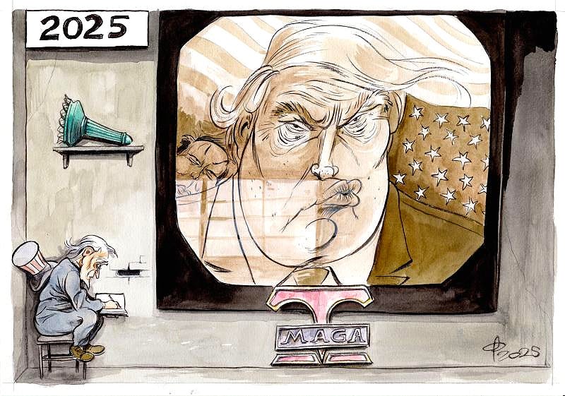 Cartoon showing  Uncle Sam sitting in a small corner of a bare room where he can’t be seen by the giant telescreen that’s dominating the room, showing the face of Donald Trump as Big Brother. An extinguished torch of the Statue of Liberty lies on a shelf.
