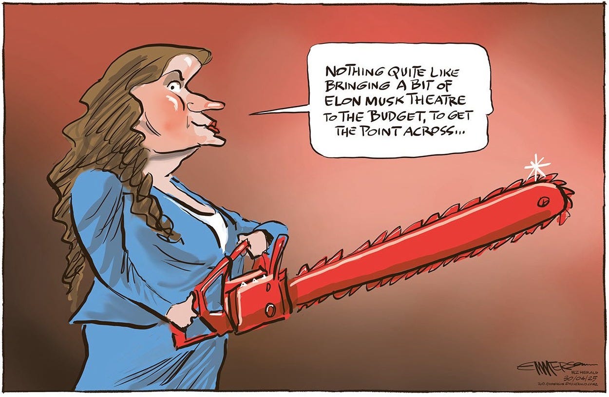 Emmerson cartoon of Nicola Willis with a chainsaw preparing for the budget.