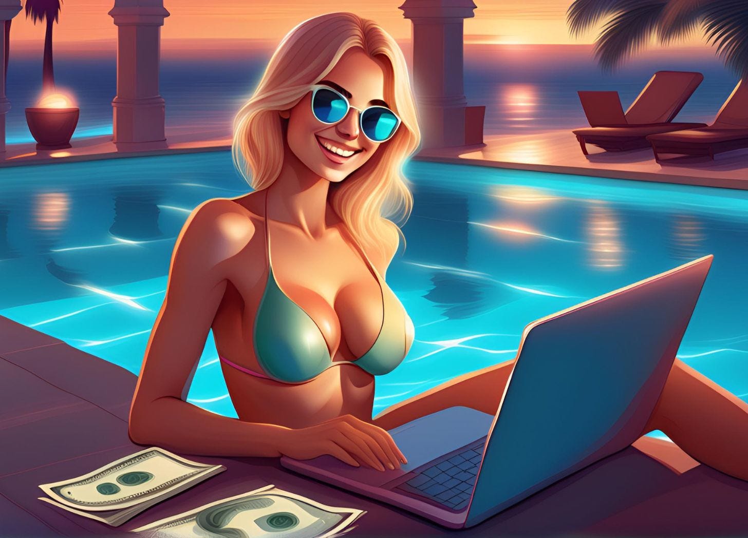 A blonde haired Russian woman wearing blue sunglasses and a blike bikini sitting at the pool working on her laptop with money next to her. A blonde haired Russian woman wearing blue sunglasses and a blike bikini sitting at the pool working on her laptop with money next to her.