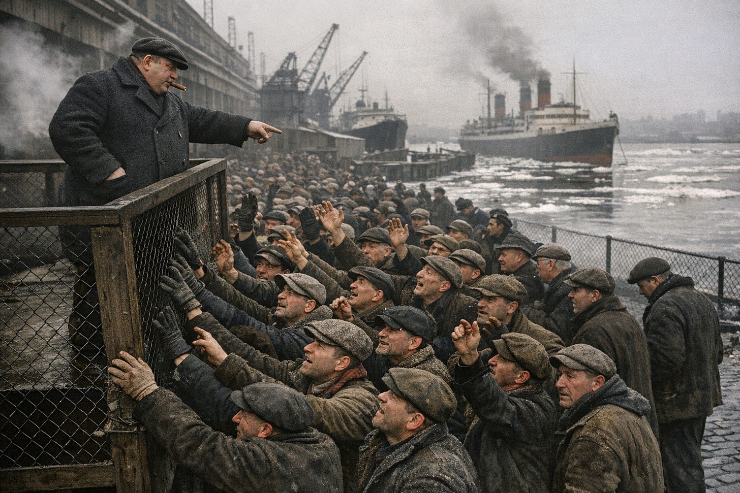 Hyperrealistic color photograph of the morning shapeup hiring call at Chelsea Piers, New York, December 1935. A crowd of approximately 150 desperate workingclass men pressed against a chainlink fence, arms raised, faces strained with desperation. A heavyset hiring boss in a wool peacoat and cap stands on an elevated platform, pointing selectively into the crowd, cigar in mouth. Background shows massive pier structures, cargo cranes, ship smokestacks, the gray Hudson River with ice floes. Men wear dock worker attire—wool caps, heavy work coats, thick gloves—many visibly inadequate for the weather. Faces show the toll of unemployment: hollow cheeks, desperate eyes, unshaven jaws. Some men on the periphery already turning away in defeat. Wet cobblestones, overcast winter sky, steam rising from a nearby warehouse. Periodaccurate 1930s cargo vessels visible. Documentary photography style, capturing raw human desperation, natural winter lighting, high contrast, film grain texture..png