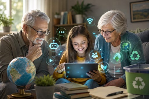 Seniors and a gen Alpha looking at a device.