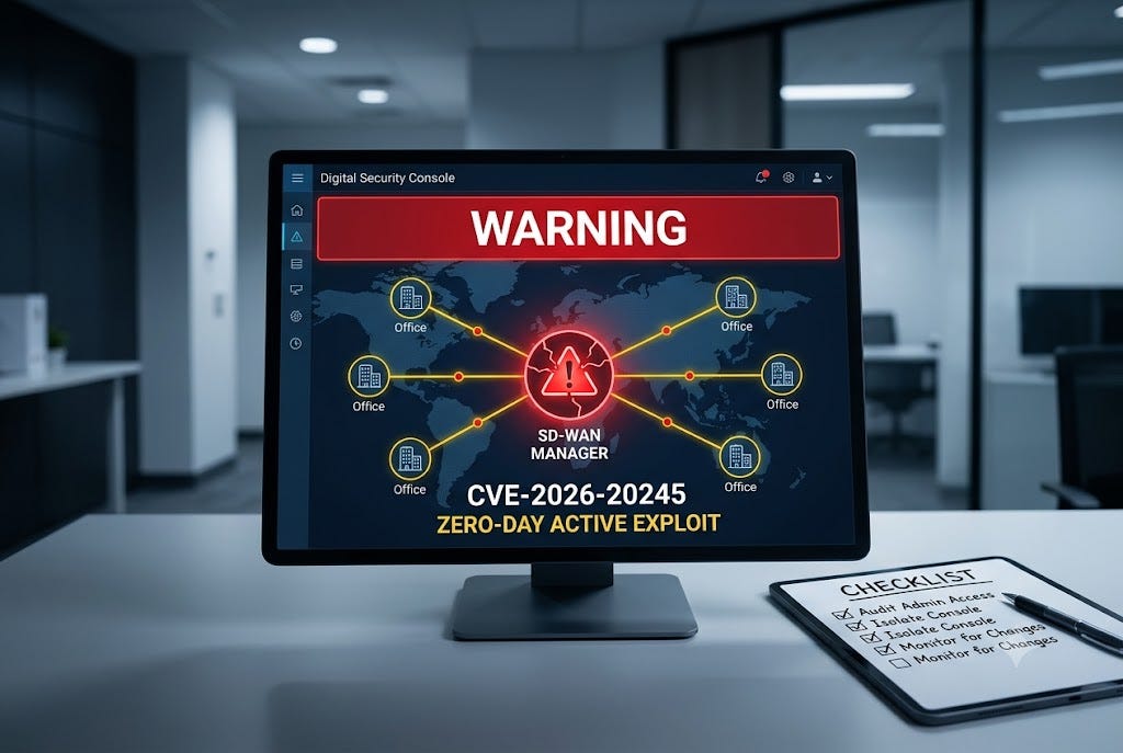 A computer monitor displaying a red warning alert for the CVE-2026-20245 zero-day exploit over a compromised SD-WAN network diagram, sitting next to a tablet showing a security mitigation checklist.