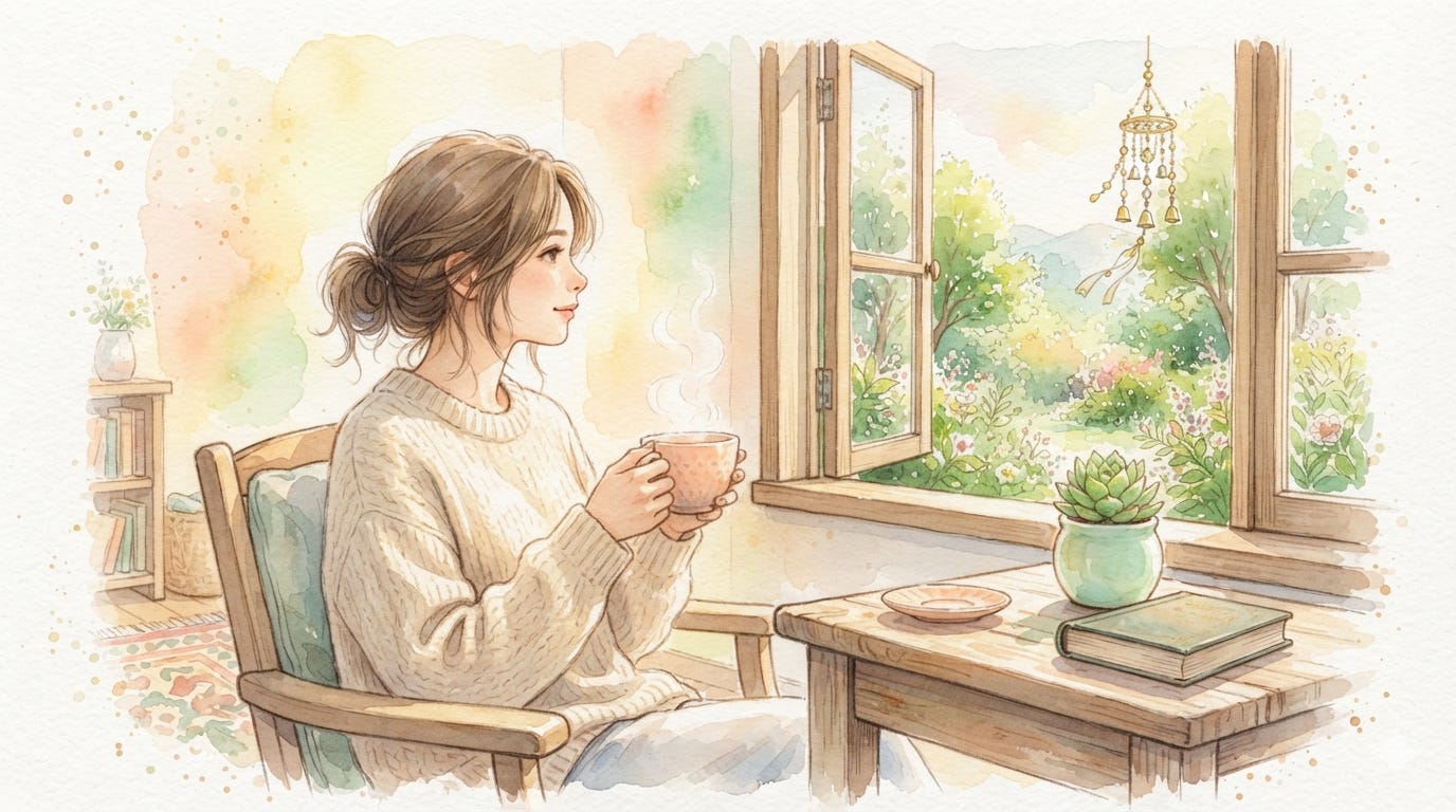 따뜻한 수채화 톤의 햇살 아래 차를 마시며 일상의 여유를 찾는 모습, 나만의 사주 오행과 균형을 찾아주는 길라(gilra.kr) 프리미엄 사주 서비스 가이드 이미지