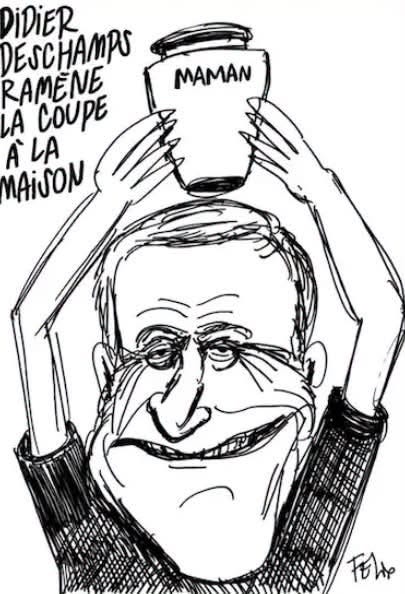 Potrebbe essere un disegno raffigurante il seguente testo "MAMAN DIDIER DESCHAMPS RAMENE LA COUPE À LA MAISON 形"