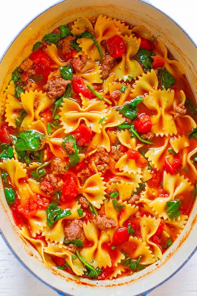 Overhead image of a pot of one-pot pasta and ground beef soup. 