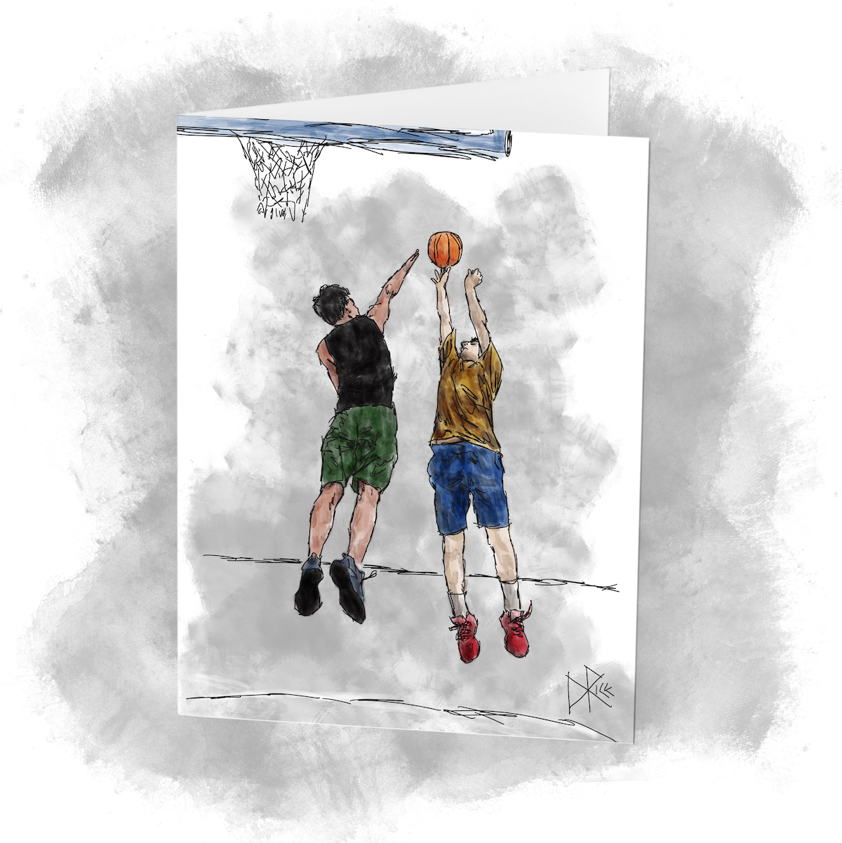 Two youngsters challenge each other while playing one-on-one basketball. Sketch art by Don Rice.