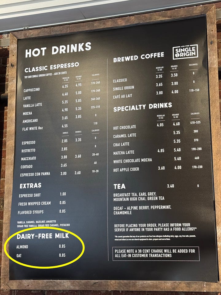 coffee menu boards with non-dairy milk prices
