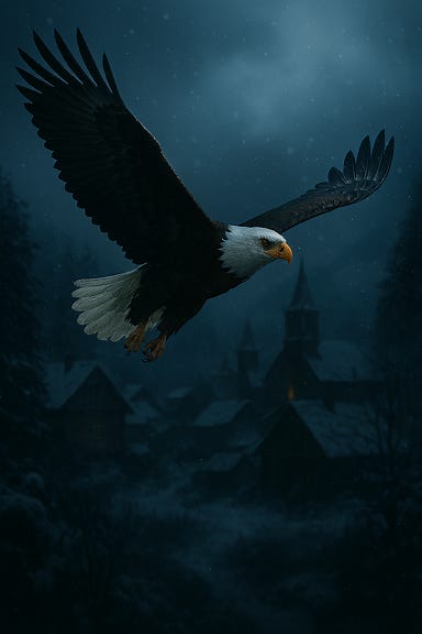 A dark fantasy image of the Abbot's eagle form flying over the village of Krezk in Barovia. The eagle is vast and majestic, feathered in white and shadow, with glowing eyes that radiate ancient knowledge. Its wings are fully outstretched, slicing through the misty twilight sky. Below, the rooftops of Krezk are dusted with snow, and the Abbey looms in the distance, half-shrouded in fog. The trees surrounding the village are bare and skeletal, and snowflakes drift through the air. The eagle’s silhouette is awe-inspiring and ominous, a symbol of divine presence or divine intrusion. A dark fantasy image of the Abbot's eagle form flying over the village of Krezk in Barovia. The eagle is vast and majestic, feathered in white and shadow, with glowing eyes that radiate ancient knowledge. Its wings are fully outstretched, slicing through the misty twilight sky. Below, the rooftops of Krezk are dusted with snow, and the Abbey looms in the distance, half-shrouded in fog. The trees surrounding the village are bare and skeletal, and snowflakes drift through the air. The eagle’s silhouette is awe-inspiring and ominous, a symbol of divine presence or divine intrusion.