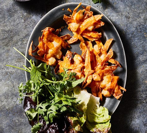 wontons, imperial rolls, sweet potato fritters