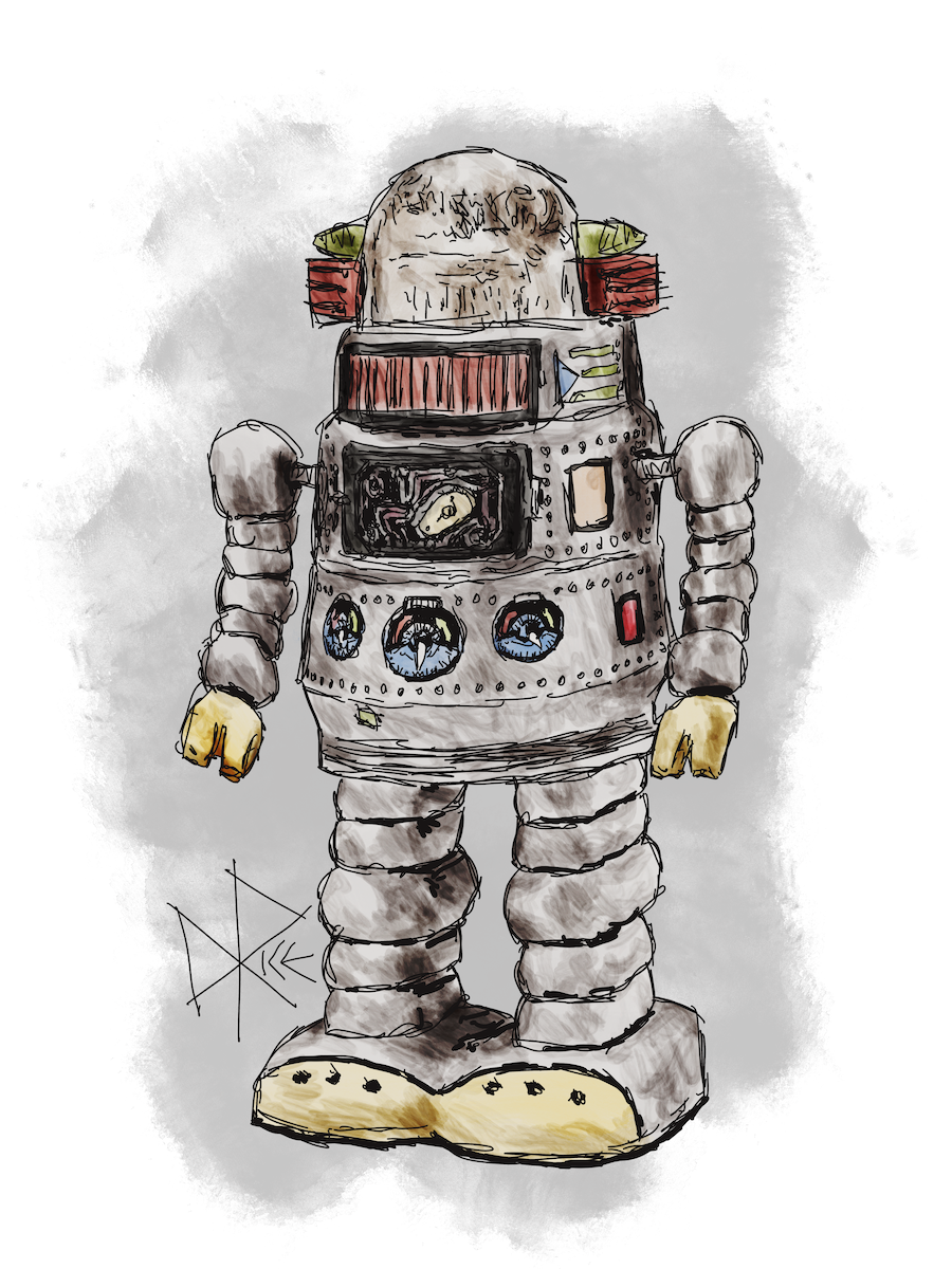 A tin toy robot, inspired by the enduring popular culture icon ‘Robby the Robot’ from the 1956 film Forbidden Planet, and reused in numerous later film and television productions. Sketch art by Don Rice. A tin toy robot, inspired by the enduring popular culture icon ‘Robby the Robot’ from the 1956 film Forbidden Planet, and reused in numerous later film and television productions. Sketch art by Don Rice.